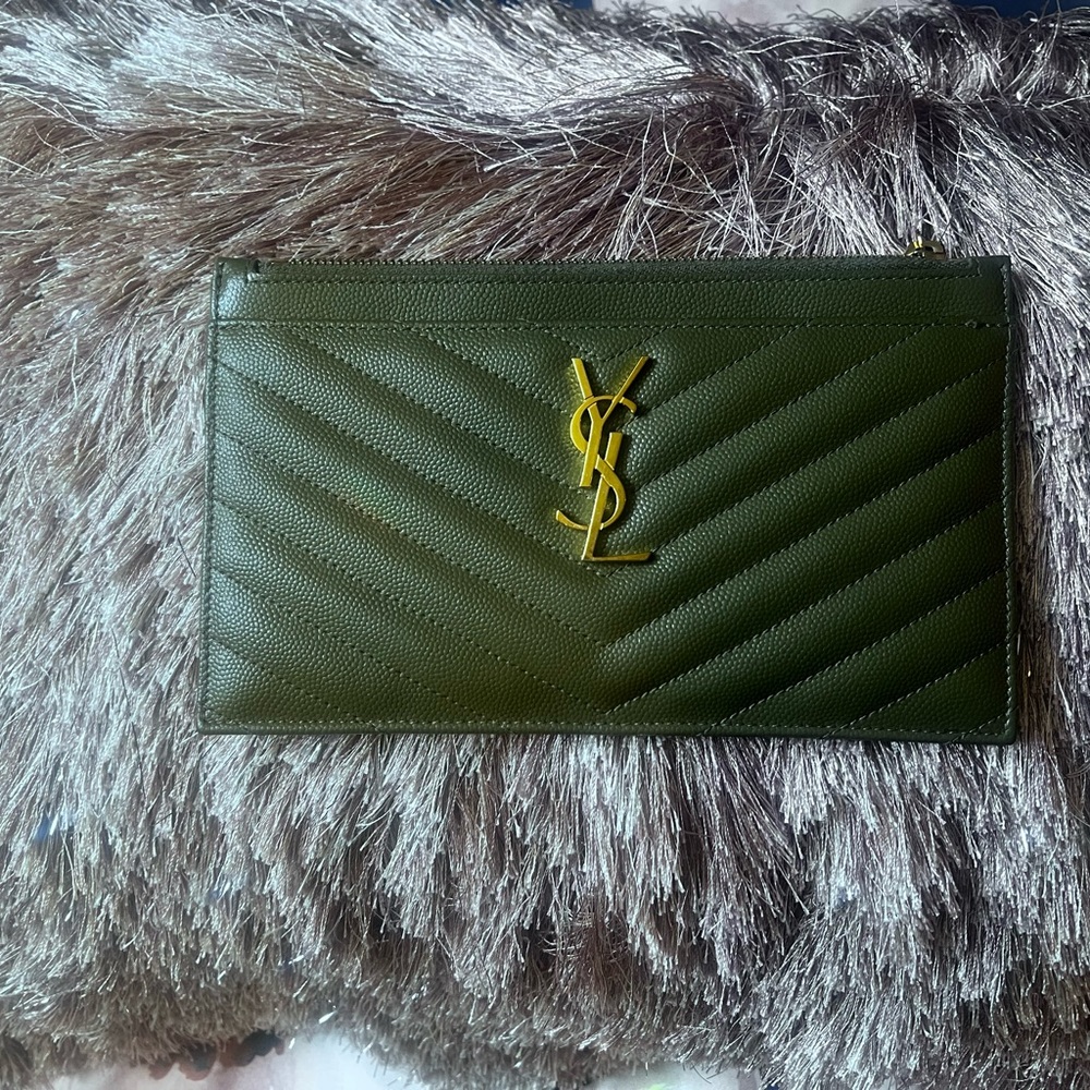 Yves Saint Laurent Green Clutch with Gold Logo